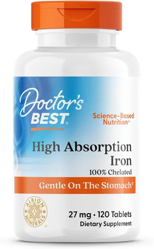 Doctor's Best Tableta de hierro de alta absorción con Ferrochel, suave para el estómago, salud inmunológica, salud de la sangre, 27 mg