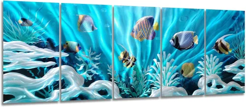 Miniatura 10 de SYGALLERIER Arte de pared abstracto de metal costero, hecho a mano, gran 3D, azul y plateado, ilustraciones modernas de olas de mar, escultura