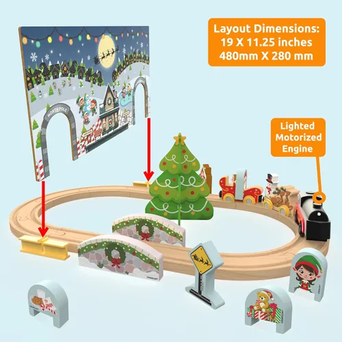 Miniatura 4 de Juego de Tren de Navidad de Madera Operado por Batería Motor Motorizado con Luz Trineo de Papá Noel Reno Pan de Jengibre Elfo Árbol de Navidad