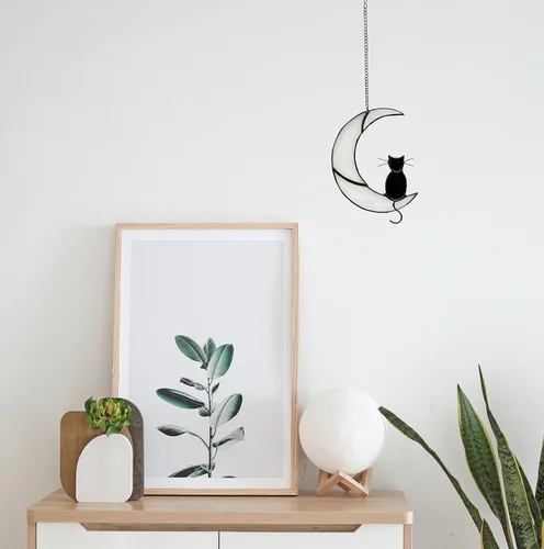 Miniatura 6 de Decoración de gato negro en luna blanca con vitrales colgantes para ventanas, paneles de ventanas, atrapasoles, adorno de Halloween, regalo