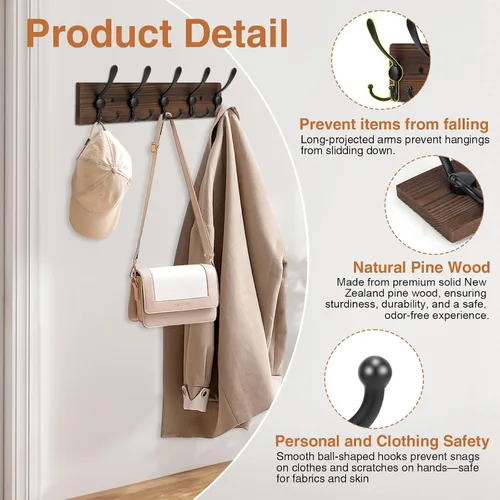 Miniatura 4 de Perchero de madera resistente para pared, paquete de 2 perchas de pared con 5 ganchos triples para ropa, chaqueta, sombrero, llaves, organizador