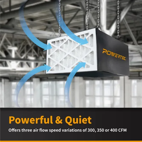 Miniatura 4 de POWERTEC Sistema de filtración de aire controlado a distancia de 3 velocidades para carpintería (300/350/400 CFM), filtro de aire colgante