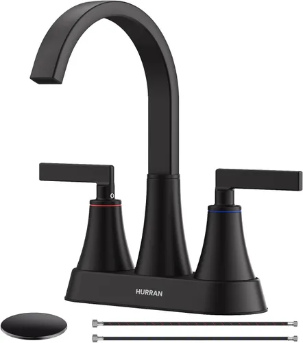 Hurran - Grifo de acero inoxidable, de 4 pulgadas, 3 orificios con drenaje emergente y líneas de suministro, giratorio 360, para el lavabo del baño,