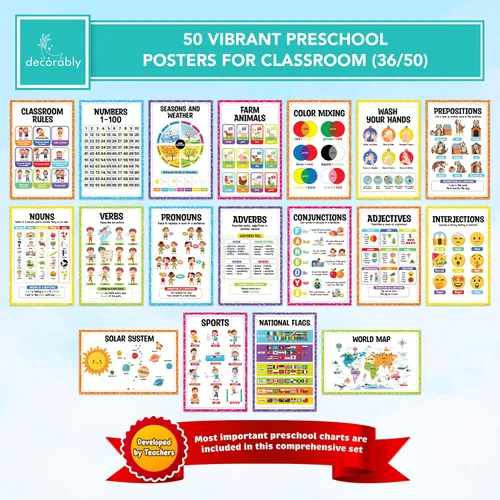 Miniatura 4 de Decorably 50 pósteres educativos vibrantes para niños pequeños de 1 a 3 años, 11 x 17 pulgadas, decoración de aula laminada mate, para pasillos
