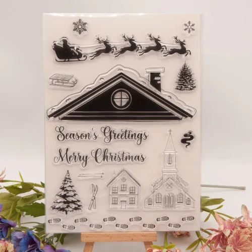 Huellas de pino de Papá Noel, techo de copo de nieve, sellos transparentes para el hogar, sello de silicona transparente, tarjetas de álbum de