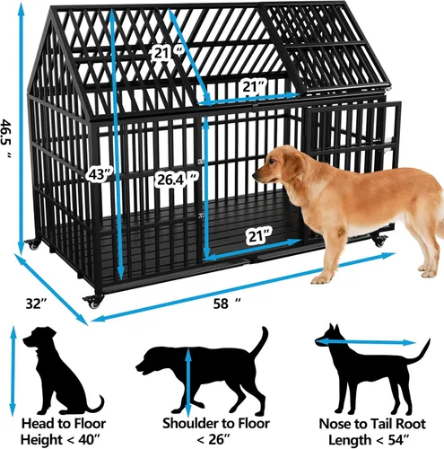 Miniatura 2 de Jaula para perros de 58 pulgadas, resistente a prueba de escapes, para perros grandes, jaula para perros de alta ansiedad con bandejas y ruedas