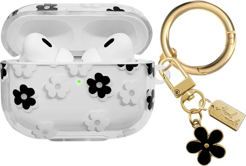 Funda compatible con AirPods Pro 2 2022, TPU suave con bonito patrón de flores para AirPods Pro de 2ª/1ª generación con llavero de flores y Negro