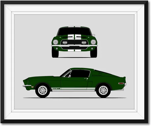 Custom Car Posters Póster hecho a mano compatible con Ford Mustang Shelby GT500KR Cobra (1968) (frontal y lateral), decoración de pared Carroll