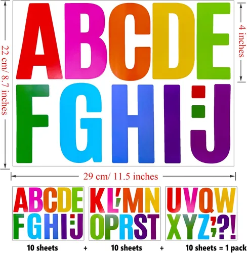 Miniatura 3 de Bemeol 30 hojas de calcomanías de letras del alfabeto de 4 pulgadas, calcomanías autoadhesivas para decoración del hogar en el aula (multicolor)