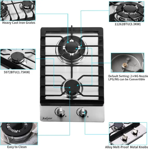 Miniatura 3 de Cocina de Gas de 12 Pulgadas, Estufa de Gas Integrada de 2 Quemadores, Superficie de Cocina de Gas de Acero Inoxidable, Cocina de Gas Sellada