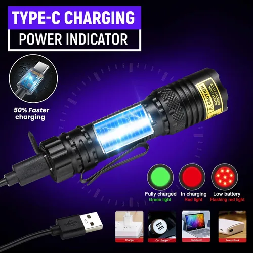 Miniatura 5 de DARKDAWN Linterna UV de 365 nm, luz negra, mini y potente USB- C linternas LED recargable, lámpara de madera, linterna portátil de enfoque ajustable