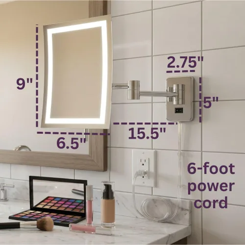 Miniatura 5 de JERDON Espejo de maquillaje rectangular para montaje en pared con aumento 5X, espejo de maquillaje iluminado con cable de alimentación de 6 pies