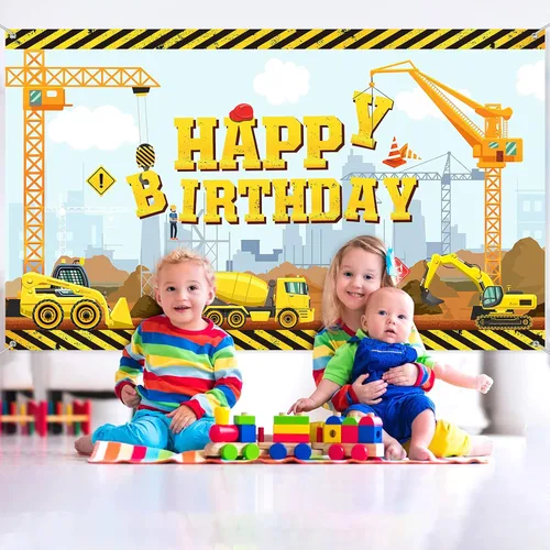 Miniatura 5 de Irenare Fondo de construcción feliz cumpleaños camión volquete fondo excavadora grúa fiesta de cumpleaños banner excavadora excavadora camión fondo
