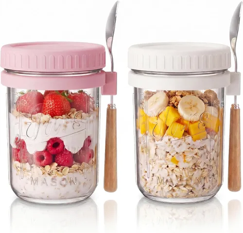 Miniatura 11 de HomArtist Recipientes de avena de 16 onzas con tapas y cucharas, paquete de 4 tarros Mason de boca ancha con tapas herméticas, tarros de avena