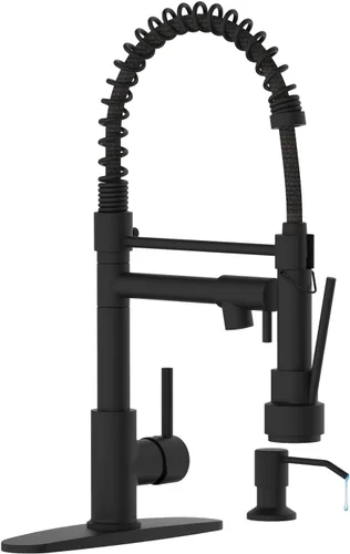 Grifo de cocina con dispensador de jabón, grifos de fregadero de cocina de resorte de una sola manija con rociador desplegable y placa de cubierta,
