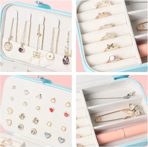 Miniatura 4 de Joyero de viaje pequeñas cajas organizadoras de joyas para mujeres y niñas estuche de viaje de 2 capas mini soporte portátil de almacenamiento
