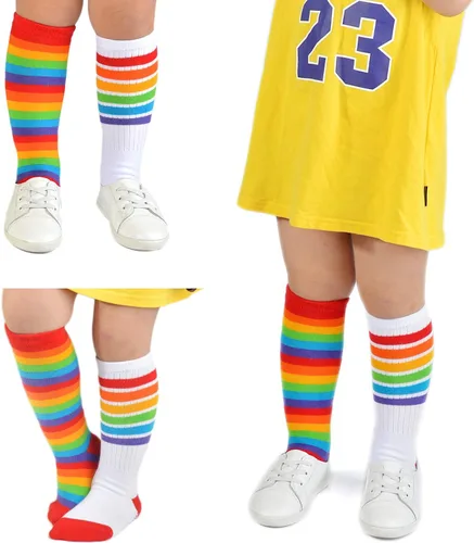Miniatura 21 de EPEIUS Calcetines altos hasta la rodilla con rayas de arco iris para bebé, calcetines de tubo antideslizantes para uniforme de fútbol para niños