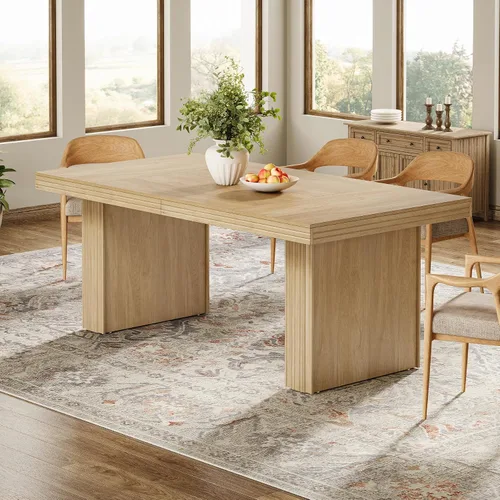 Miniatura 3 de Tribesigns Mesa de comedor de granja de 63 pulgadas para 6, mesa de cocina moderna con línea acanalada para comedor, sala de estar, natural