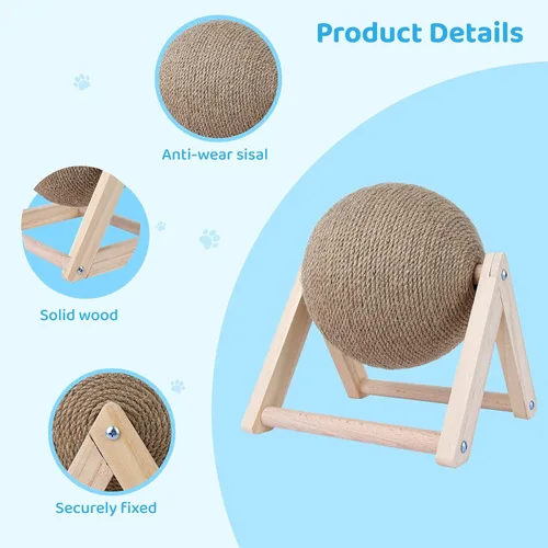 Miniatura 3 de BATTIPAW Rascador de gato, bola rascador de conejo, rascador de sisal natural, bola giratoria para gatos, juguete rascador de madera maciza