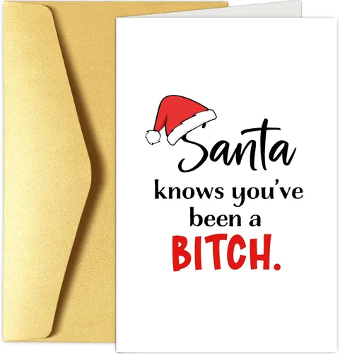 Tarjeta de Navidad divertida para ella, tarjeta de Navidad sarcástica para la hermana mejor amiga, tarjeta de fiesta para mujer dama, Papá Noel sabe