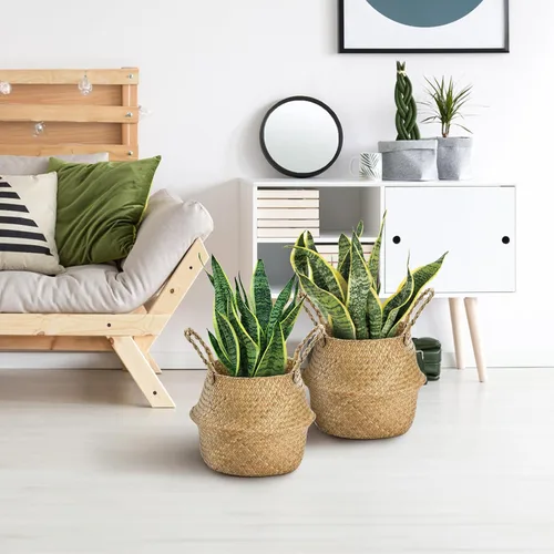 Miniatura 7 de Yesland Paquete de 2 cestas tejidas de hierba marina con asas, cestas de mimbre ideales para almacenamiento de plantas, cestas para lavandería
