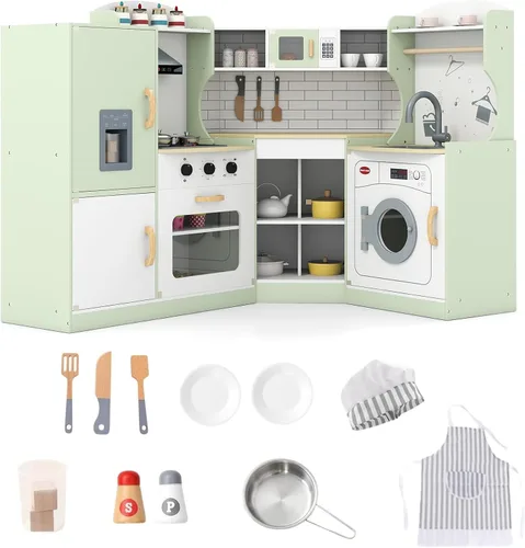 Cocina de Juego Infantil, Cocina de Juguete de Esquina con Conjunto de Traje de Chef, Juego de Cocina Infantil con Fabricador de Hielo, Lavadora,