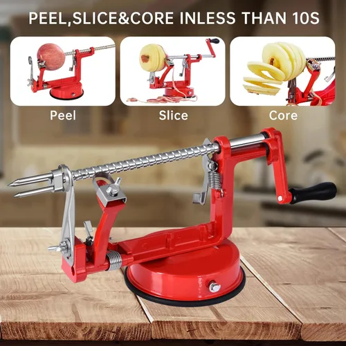 Miniatura 4 de Pelador de manzanas, cortador de patatas 3 en 1, acero inoxidable resistente con base de ventosa (rojo)