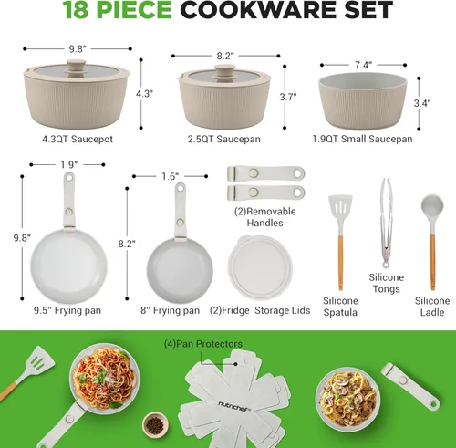 Miniatura 6 de NutriChef - Juego de 18 piezas de utensilios de cocina de cerámica con mangos desmontables, ollas y sartenes antiadherentes, revestimiento de Crema