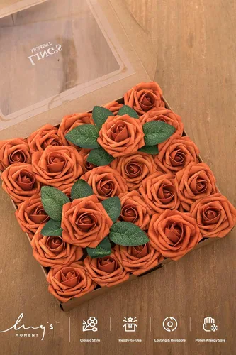 Miniatura 8 de Ling's moment Flores Artificiales de Otoño 25 Piezas Rosas Naranja Quemado Decoración c/Tallos, 3" Tacto Real DIY Espuma Floral para Ramo de O