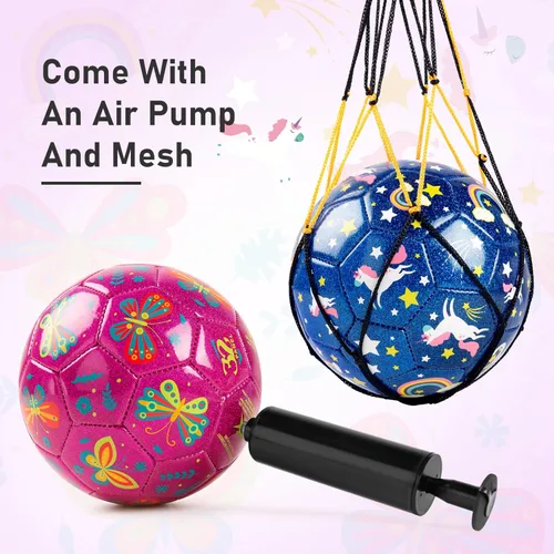 Miniatura 4 de ZOOJOY Balón de fútbol de tamaño 2 para niños pequeños, paquete de 2 pelotas de fútbol para niños con bolsa de malla de bomba, mariposa y unicornio