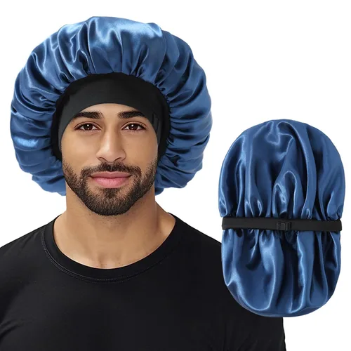 Miniatura 14 de Gorro para hombre, gorro de doble capa para dormir, gorro de dormir ajustable con banda elástica, gorros de satén de seda para trenzas de cabello