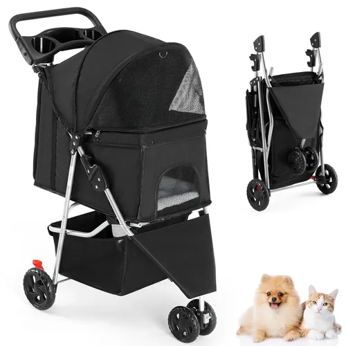 DUMOS 3 Wheels Pet Stroller for Dogs and Cats, Foldable Dog Stroller with Mesh Windows, Storage Basket & Cup Holder, Lightweight & Durable Pet