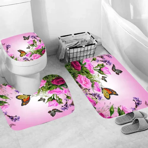 Miniatura 3 de Juego de cortinas de ducha de baño, 5 piezas, cortina de baño de tela impermeable con 12 ganchos, cubierta para tapa de inodoro y tapete de baño