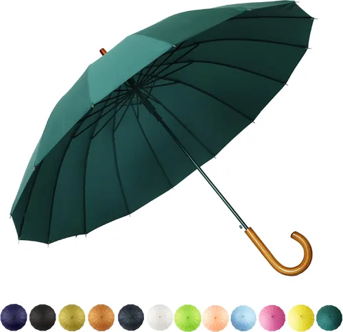 Miniatura 77 de SoulRain Paraguas de palo de 16 varillas de 48 pulgadas, apertura automática, color sólido, moderno y simple, mango de madera clásico de arco