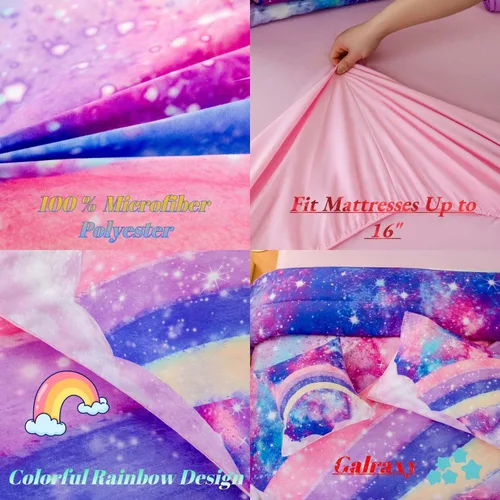 Miniatura 7 de ANGIYUIN Juego de ropa de cama de 6 piezas rosa tamaño completo en una bolsa para niñas, juego de edredón 3D de color arcoíris con ataduras, ropa