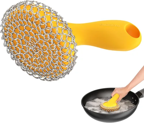 Miniatura 7 de SUBEKYU Estropajo de Hierro Fundido con Mango de Silicona, Limpiador de Sartén de Hierro Fundido de Acero Inoxidable Estropajo de Malla Metálica Gris