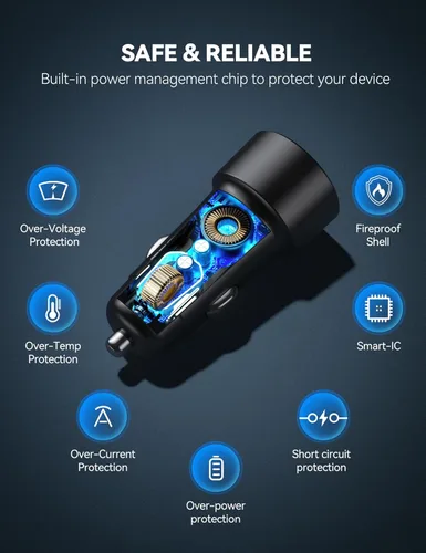 Miniatura 5 de TECKNET Cargador de coche USB [2 paquetes], 48 W 2 puertos encendedor de cigarrillos de carga rápida, PD&QC3.0 USBC adaptador de cargador de coche