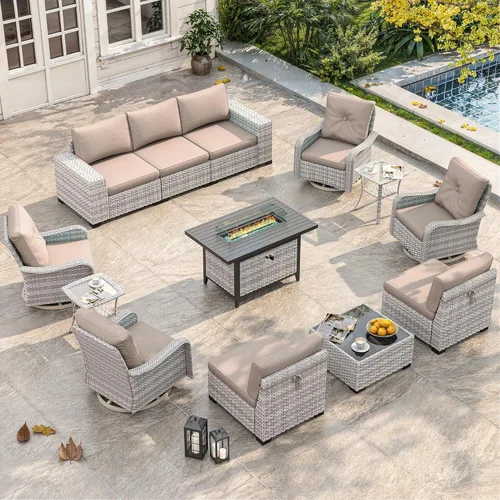 Miniatura 23 de Juego de muebles de mimbre para patio al aire libre de 3 piezas, sillas de patio giratorias mecedoras con respaldo alto con cojines gruesos de 4