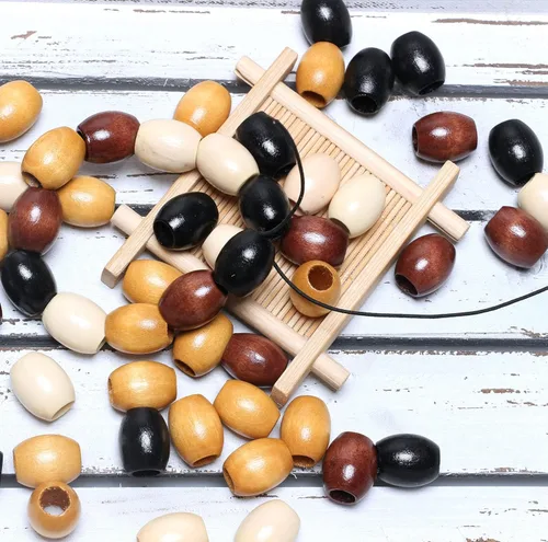 Miniatura 6 de Woodeni - 160 piezas de cuentas de madera ovaladas de 17 x 14 mm en Beige, Café, Marrón y Negro, cuentas de madera de barril con agujero grande