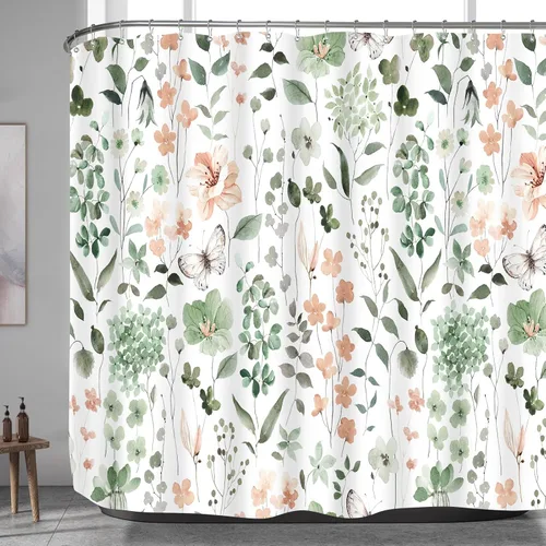 Miniatura 23 de MAYZUS Cortina de ducha con flores azules acuáticas, lindas cortinas de tela con flores para baño, juego de cortinas de tela de aguamarina