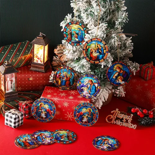 Miniatura 5 de Riceshoot 30 Piezas Adornos de Escena de Nacimiento para Árbol de Navidad Acrílico Adorno de Nacimiento de Jesús Cristiano Religioso Doble Cara