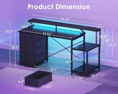 Miniatura 3 de ODK Escritorio para computadora de 55 pulgadas con 4 cajones, escritorio de oficina con luces LED y estantes de almacenamiento, mesa de estudio Negro