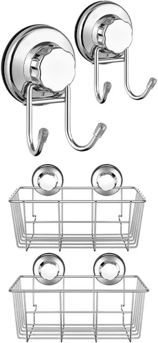 SANNO Ganchos de succión dobles, acero inoxidable, organizador de ducha con ventosa, carritos de baño, almohadillas adhesivas, estante profundo de