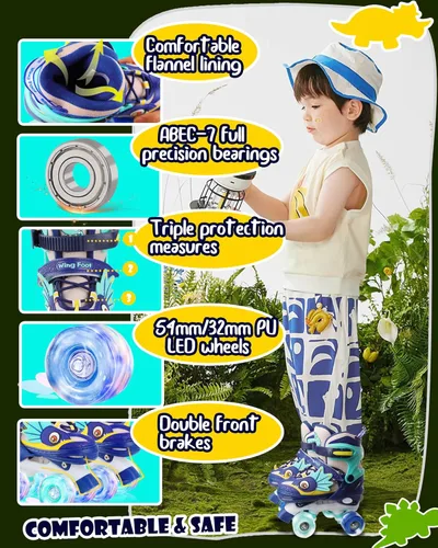 Miniatura 5 de Dino - Patines de ruedas para niños y niñas, WESKIFAN Dinosaur Quad Skating Shoes con ruedas brillantes y tamaños ajustables para principiantes