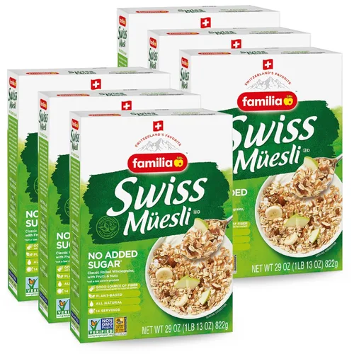 Familia Swiss Muesli Cereal, 0g de azúcar añadido, Cereal lleno de energía con pasas, avellanas y almendras, caja de 29 onzas (6 unidades)