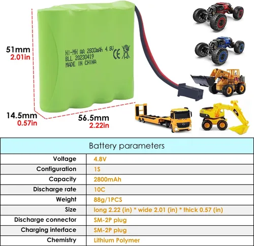 Miniatura 2 de Batería recargable AA de 4.8 V 2800 mAh con enchufe SM-2P y cable de carga USB para SY-E511 RC Excavadora Camión Ingeniería Vehículo E562 TD141 RC