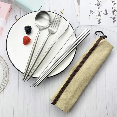Miniatura 7 de JASHII El juego de cubiertos de viaje incluye cuchillo reutilizable, tenedor, cuchara, palillos, pajilla, utensilios ecológicos, utensilios