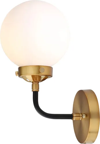 JONATHAN Y Aplique de pared LED de latón de 6 pulgadas, color dorado, negro y blanco, 1 luz, iluminación de tocador, pantalla de globo de vidrio