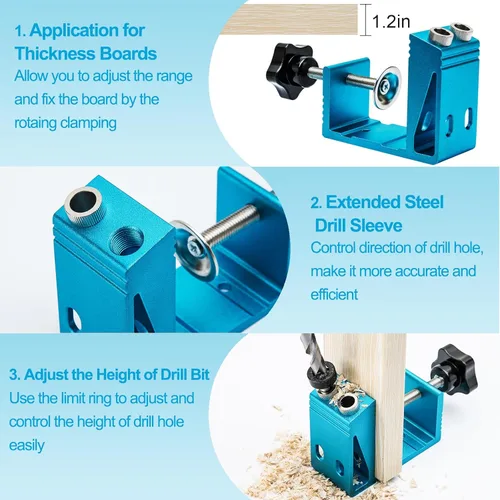 Miniatura 3 de Kit de plantilla de agujero de bolsillo con brocas para clavijas, tornillos para carpintería, guías de madera, herramienta de ángulo de unión, todo