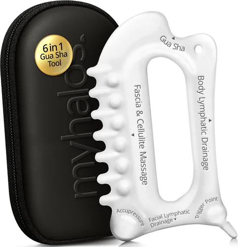 MyHalos Herramientas Faciales de Cerámica Corporal Gua Sha 6 en 1 - Herramienta de Drenaje Linfático, Herramienta de Escultura Facial y Herramienta
